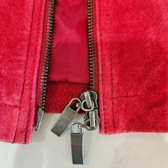 Chicos Red Suede Leather Jacket Size 2 Large Double Zip Flaw Work Jacket Lined - Picture 6 of 10